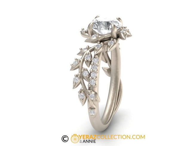 Leaf Engagement ring, White Gold 18k, Lab created Diamond ring, Nature inspired Diamond Leaf ring, Bridal ring, 1225.