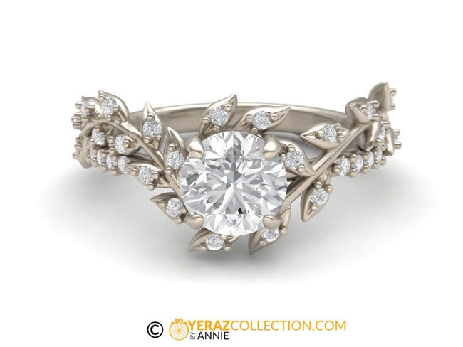 Leaf Engagement ring, White Gold 18k, Lab created Diamond ring, Nature inspired Diamond Leaf ring, Bridal ring, 1225.