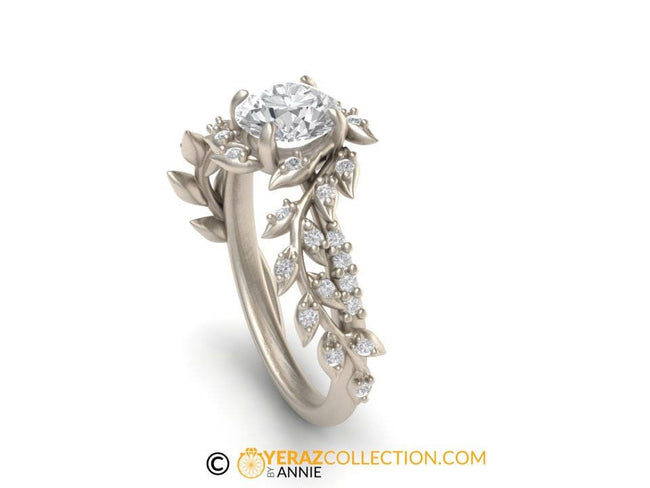 Leaf Engagement ring, White Gold 18k, Lab created Diamond ring, Nature inspired Diamond Leaf ring, Bridal ring, 1225.