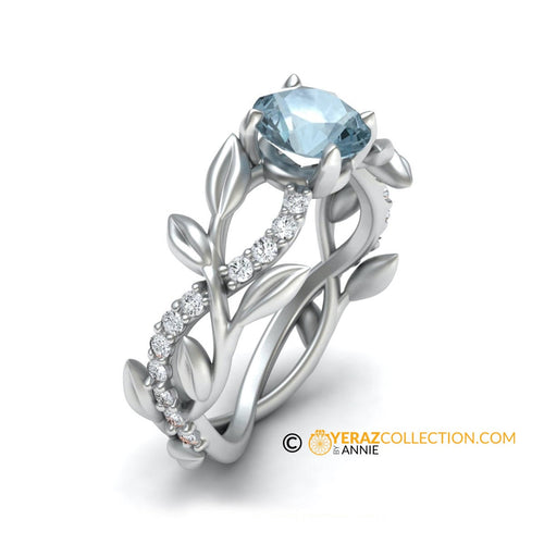 Leaf Engagement Ring, White Gold 14k, Aquamarine Engagement ring, Nature inspired Diamond Leaf ring, Leaf Gold ring, White gold.