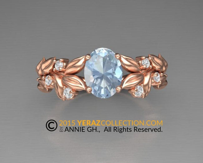 Unique Leaf Engagement Ring, 14K Gold, Ring Aquamarine Ring, Nature inspired Diamond Leaf ring, Leaf Gold ring, Bridal ring, RI-1233.