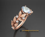 Unique Leaf Engagement Ring, 14K Gold, Ring Aquamarine Ring, Nature inspired Diamond Leaf ring, Leaf Gold ring, Bridal ring, RI-1233.