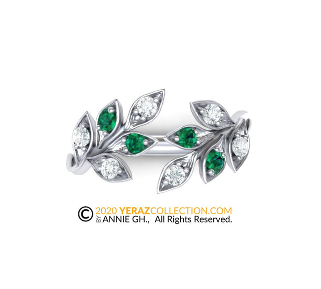 Leaf band, White Gold 14k, Nature inspired Diamond Leaf Ring,emerald ring,Leaf Gold Ring.