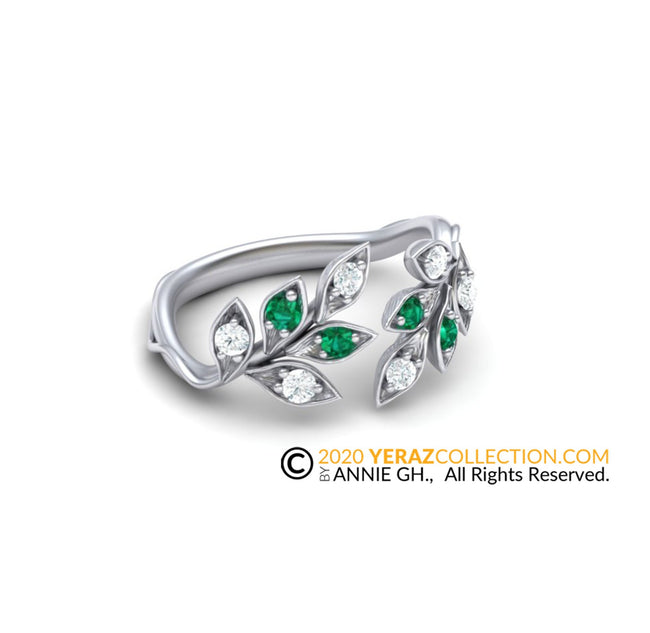 Leaf band, White Gold 14k, Nature inspired Diamond Leaf Ring,emerald ring,Leaf Gold Ring.
