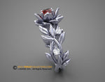 Leaf Engagement Ring, Lotus Flower Ring, 14k White Gold, Garnet Engagement Ring, Nature Inspired Diamond Leaf Ring, Leaf Gold Ring.
