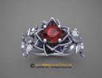 Leaf Engagement Ring, Lotus Flower Ring, 14k White Gold, Garnet Engagement Ring, Nature Inspired Diamond Leaf Ring, Leaf Gold Ring.