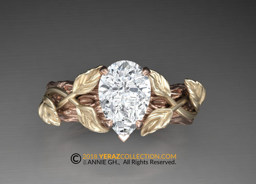 Two Tone Gorgeous & Unique Lab Diamond Leaf Engagement Ring, Nature Inspired Leaf Ring, Pear Diamond Ring, Engagement Ring, Flower Ring.