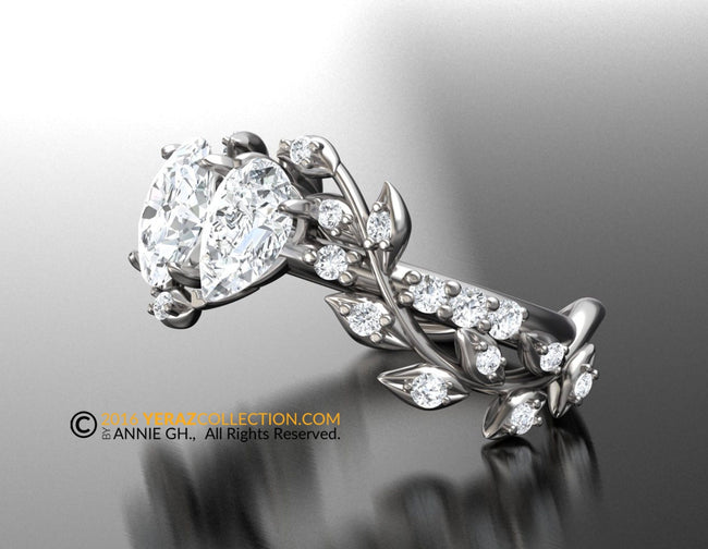 Toi Et Moi Ring, Leaf Engagement ring, White Gold 14k, Nature inspired Leaf ring, Moissanite Engagement Ring, Diamond Ring.