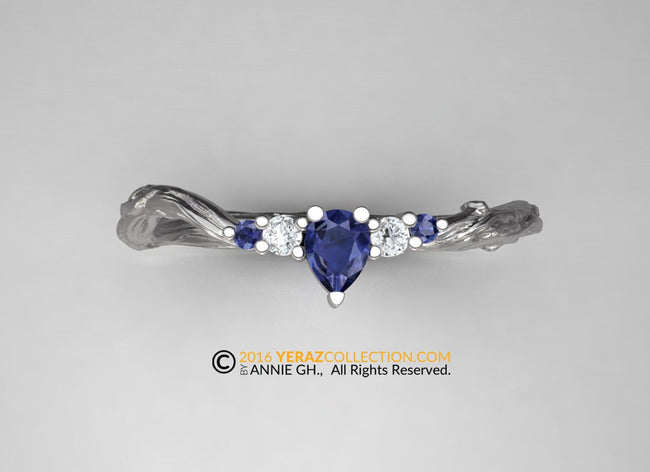 matching band, White Gold 14k, Diamond and blue Sapphire, Nature inspired Leaf ring.