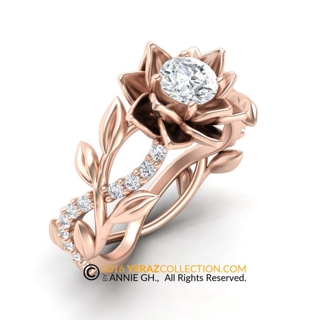 Leaf Engagement Ring, Lotus Flower Ring, 14k Rose Gold, Moissanite Ring, Nature Inspired Leaf Ring, Leaf Gold Ring.