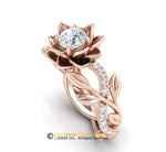 Leaf Engagement Ring, Lotus Flower Ring, 14k Rose Gold, Moissanite Ring, Nature Inspired Leaf Ring, Leaf Gold Ring.