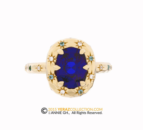 Celestial 14k Gold Ring with Blue Sapphire Stone and Northern Stars Engraving, Engagement ring, 14K Yellow Gold, Chatham Sapphire, Galaxy.