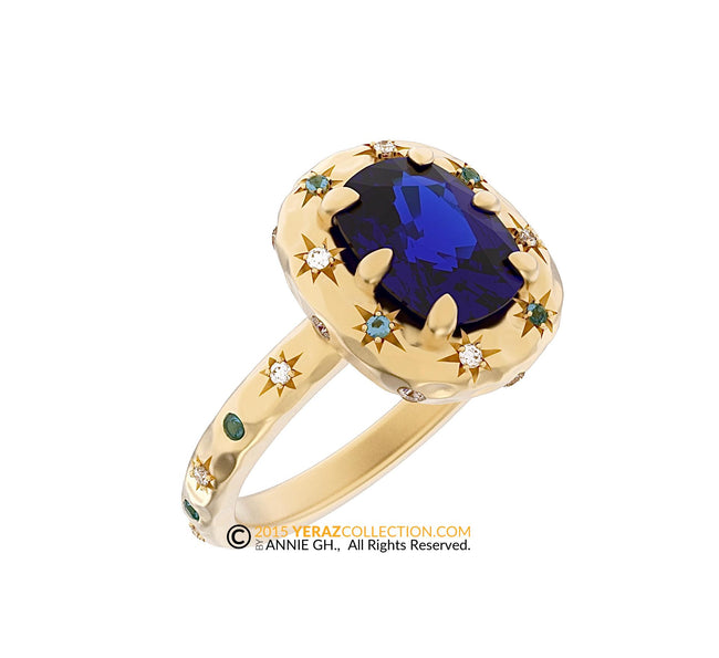 Celestial 14k Gold Ring with Blue Sapphire Stone and Northern Stars Engraving, Engagement ring, 14K Yellow Gold, Chatham Sapphire, Galaxy.