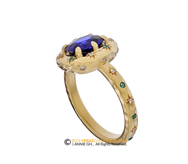 Celestial 14k Gold Ring with Blue Sapphire Stone and Northern Stars Engraving, Engagement ring, 14K Yellow Gold, Chatham Sapphire, Galaxy.