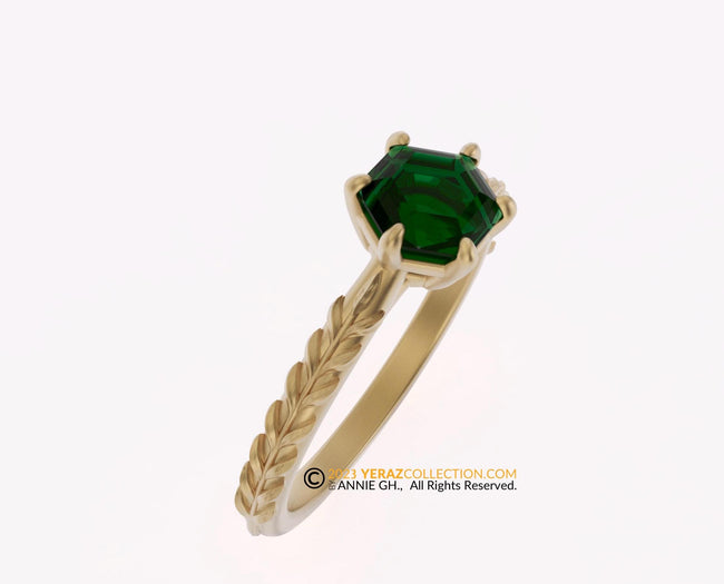 14k Gold leaf Ring with Hexagon Emerald Center Stone, Engagement ring, 14K Yellow Gold, Chatham Emerald, Olive Branch Ring.