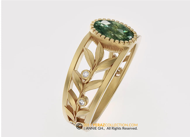 14k Gold leaf Engagement ring, 14K Yellow Gold, Green Sapphire, Olive Branch Ring, Nature Inspired Engagement Ring, Olivia.