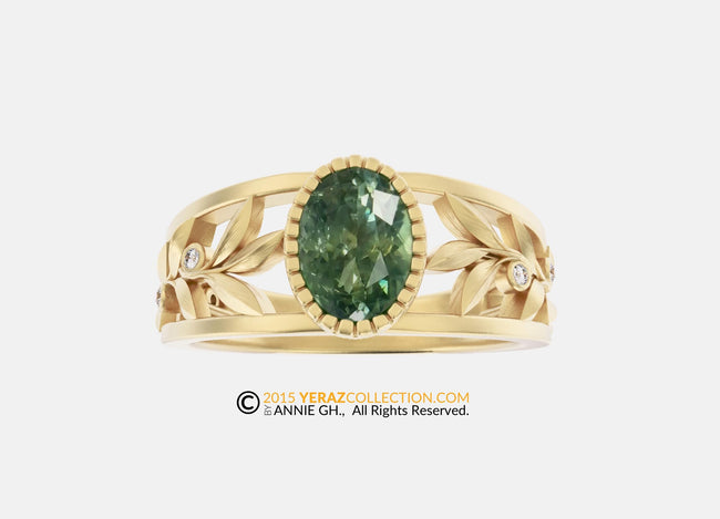 14k Gold leaf Engagement ring, 14K Yellow Gold, Green Sapphire, Olive Branch Ring, Nature Inspired Engagement Ring, Olivia.