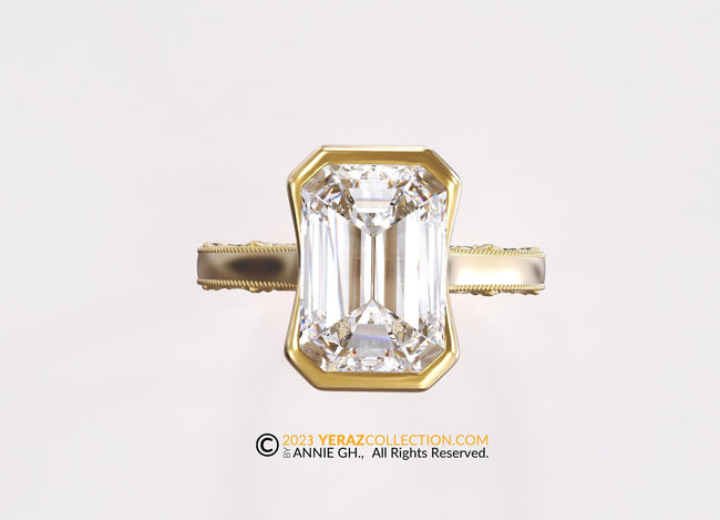 Engagement ring, Emerald Cut Diamond Ring, Yellow Gold 14k, lab Diamond, Half Bezel Ring, Kate Ring.