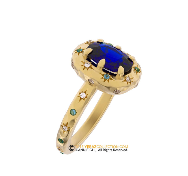 Celestial 14k Gold Ring with Blue Sapphire Stone and Northern Stars Engraving, Engagement ring, 14K Yellow Gold, Chatham Sapphire, Galaxy.