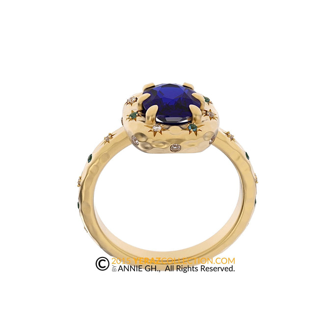 Celestial 14k Gold Ring with Blue Sapphire Stone and Northern Stars Engraving, Engagement ring, 14K Yellow Gold, Chatham Sapphire, Galaxy.