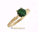 14k Gold leaf Ring with Hexagon Emerald Center Stone, Engagement ring, 14K Yellow Gold, Chatham Emerald, Olive Branch Ring.