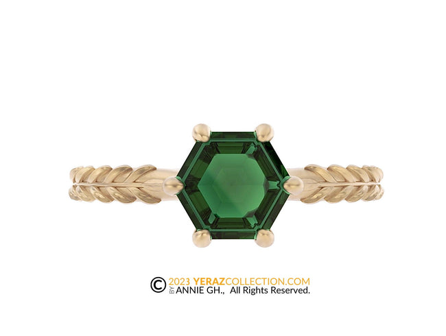 14k Gold leaf Ring with Hexagon Emerald Center Stone, Engagement ring, 14K Yellow Gold, Chatham Emerald, Olive Branch Ring.