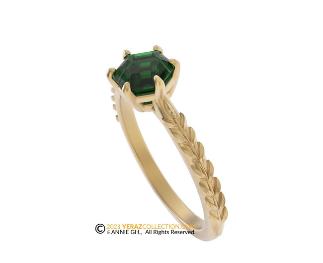 14k Gold leaf Ring with Hexagon Emerald Center Stone, Engagement ring, 14K Yellow Gold, Chatham Emerald, Olive Branch Ring.