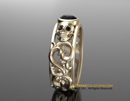 Skull Engagement Ring, Onyx Ring, Filigree Ring, Till Death Do Us Part Ring, Gothic Engagement Ring.