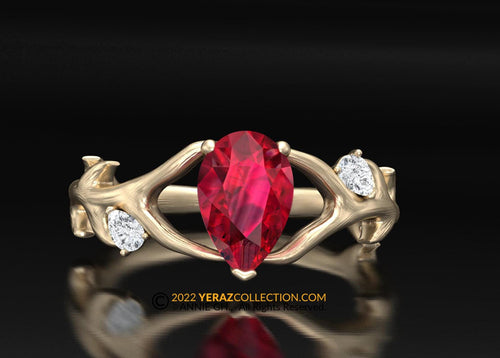 Ruby Engagement Ring, Antler Ring, Chatham created Ruby Ring, Nature inspired Ring, Animal Inspired Ring, 14k Gold Ring.