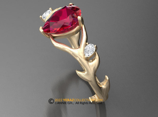 Ruby Engagement Ring, Antler Ring, Chatham created Ruby Ring, Nature inspired Ring, Animal Inspired Ring, 14k Gold Ring.