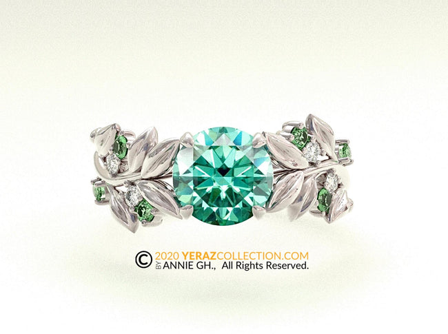 Leaf Engagement ring, white Gold 10k, Green Moissanite Ring, Nature inspired Leaf ring.