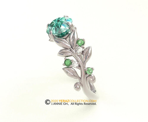 Leaf Engagement ring, white Gold 10k,  Green Moissanite Ring, Nature inspired Leaf ring.