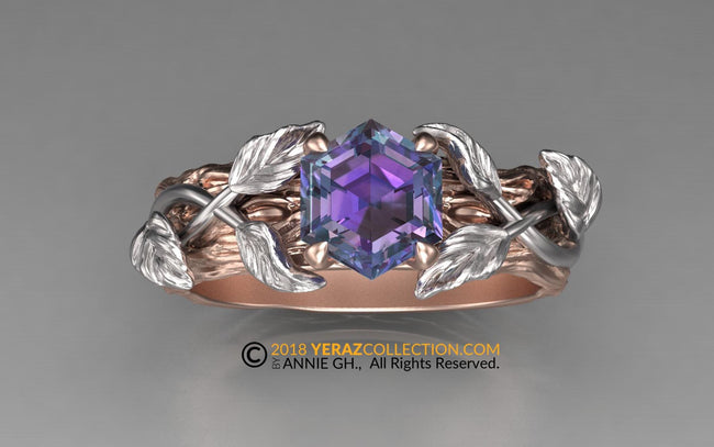 The Sylvan Halo, Two Tone unique Alexandrite Leaf Engagement Ring, Nature Inspired Leaf Ring, Hexagon cut Stone, Engagement Ring.