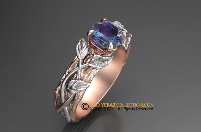 The Sylvan Halo, Two Tone unique Alexandrite Leaf Engagement Ring, Nature Inspired Leaf Ring, Hexagon cut Stone, Engagement Ring.