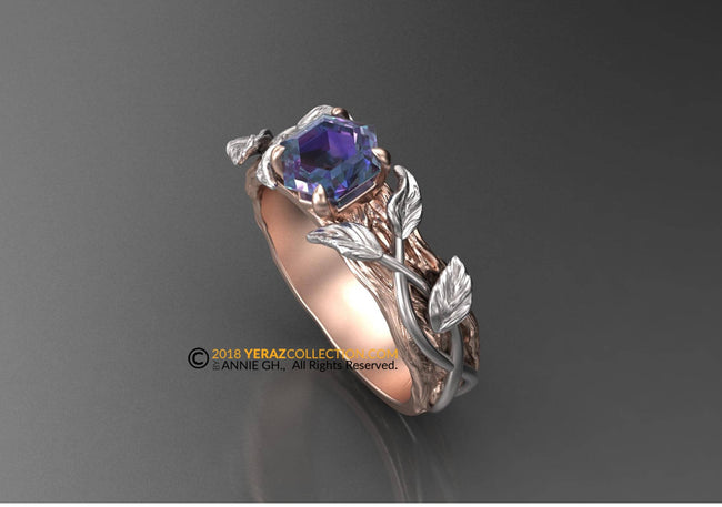 The Sylvan Halo, Two Tone unique Alexandrite Leaf Engagement Ring, Nature Inspired Leaf Ring, Hexagon cut Stone, Engagement Ring.