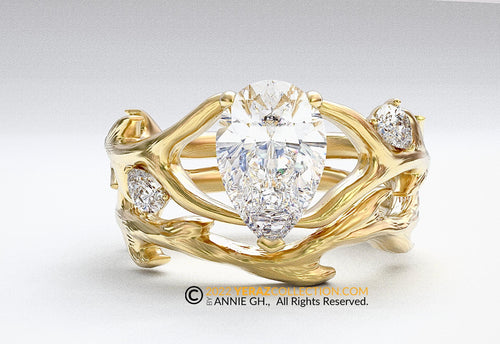 Antler Ring Set, Diamond Engagement Ring Set, Lab created Diamond Ring, Nature inspired Ring, Animal Inspired Ring, 14k Gold Ring.
