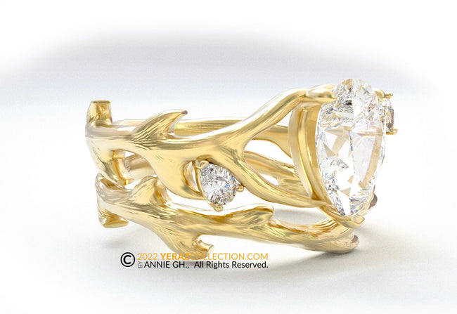 Antler Ring Set, Diamond Engagement Ring Set, Lab created Diamond Ring, Nature inspired Ring, Animal Inspired Ring, 14k Gold Ring.