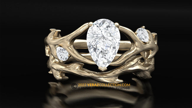 Antler Ring Set, Diamond Engagement Ring Set, Lab created Diamond Ring, Nature inspired Ring, Animal Inspired Ring, 14k Gold Ring.