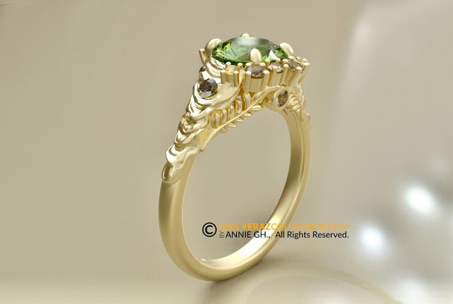 Kona Ring, Engagement Ring, 10k Yellow Gold, Peridot Diamond Engagement Ring, Nature inspired Diamond Leaf Ring, Fern Leaf Gold Ring