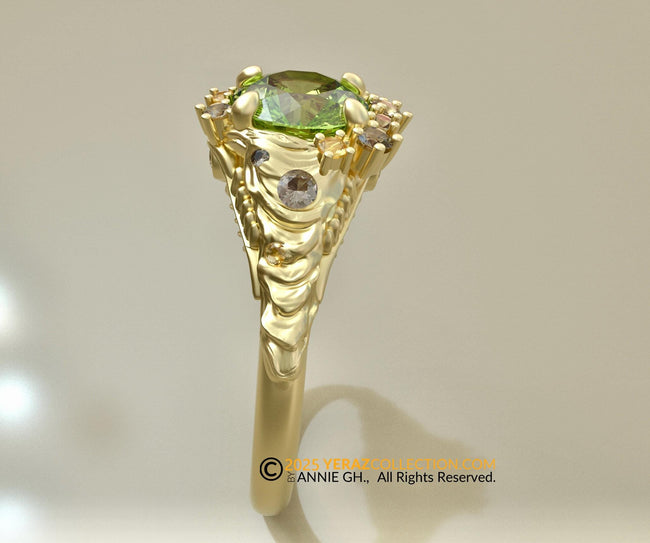 Kona Ring, Engagement Ring, 10k Yellow Gold, Peridot Diamond Engagement Ring, Nature inspired Diamond Leaf Ring, Fern Leaf Gold Ring
