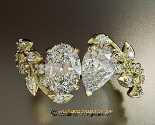 Toi Et Moi Ring, Leaf Engagement ring, Yellow Gold 14k, Nature inspired  Leaf ring, Lab Created Diamond Engagement Ring, Diamond Ring.