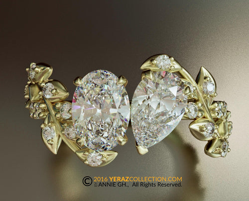 Toi Et Moi Ring, Leaf Engagement ring, Yellow Gold 14k, Nature inspired  Leaf ring, Lab Created Diamond Engagement Ring, Diamond Ring.