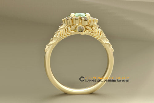 Kona Ring, Engagement Ring, 10k Yellow Gold, Peridot Diamond Engagement Ring, Nature inspired Diamond Leaf Ring, Fern Leaf Gold Ring
