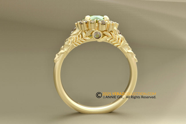 Kona Ring, Engagement Ring, 10k Yellow Gold, Peridot Diamond Engagement Ring, Nature inspired Diamond Leaf Ring, Fern Leaf Gold Ring