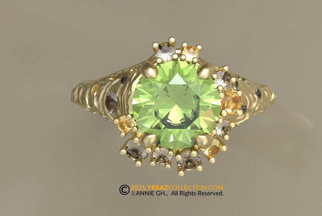 Kona Ring, Engagement Ring, 10k Yellow Gold, Peridot Diamond Engagement Ring, Nature inspired Diamond Leaf Ring, Fern Leaf Gold Ring