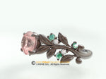 Leaf Engagement ring, Black Rhodium Gold 10k,  Rose Quartz Ring, Nature inspired Leaf ring.