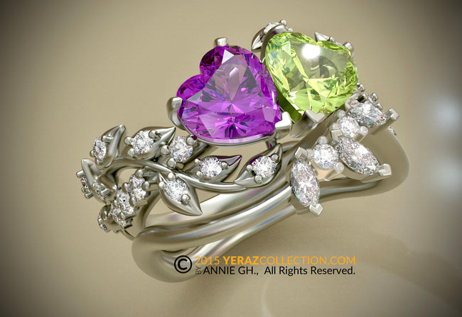 Toi Et Moi Ring Set, Vine of Hearts, Leaf Engagement ring, White Gold 14k, Nature inspired Leaf ring, Amethyst And Peridot Engagement Ring.