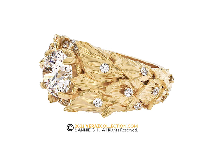 Lágrima de Musgo, Custom design, 18K Gold Engagement Ring, Nature Inspired Ring, Moss Ring, Leaf Gold Ring, Diamond Ring, No Center stone.