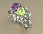 Toi Et Moi Ring Set, Vine of Hearts, Leaf Engagement ring, White Gold 14k, Nature inspired Leaf ring, Amethyst And Peridot Engagement Ring.