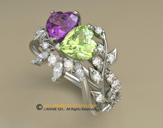 Toi Et Moi Ring Set, Vine of Hearts, Leaf Engagement ring, White Gold 14k, Nature inspired Leaf ring, Amethyst And Peridot Engagement Ring.
